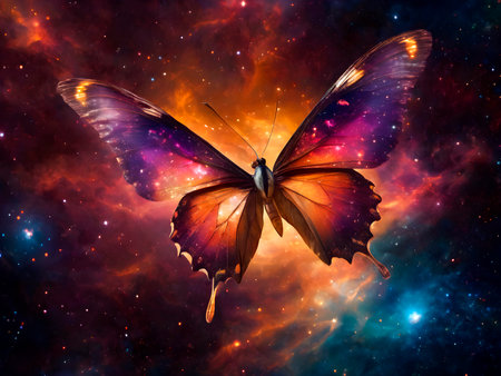 Beautiful butterfly in space. Colorful background. 3D renderingの素材
