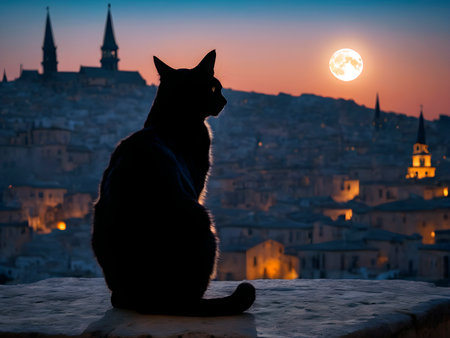 Silhouette of a cat sitting on the roof of the old city and looking at the moonの素材