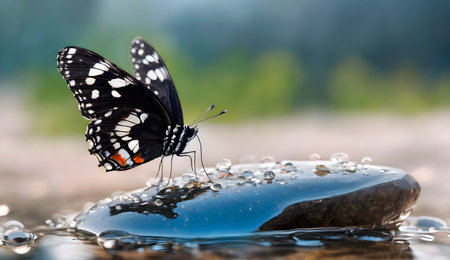 Butterfly on a stone in the water with dew dropsの素材