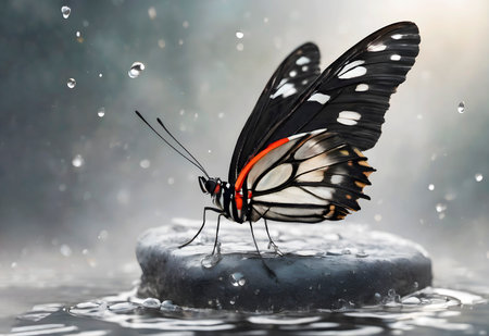 butterfly on a stone in the rain, beautiful photo digital pictureの素材
