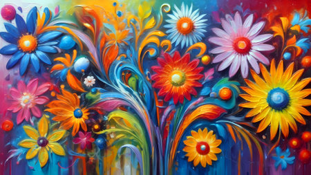 Colorful abstract painting with flowers and petals in blue and orangeの素材