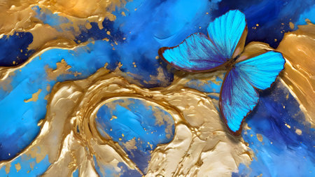 Blue and gold abstract background with butterflies. 3d render illustration.の素材