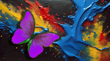 butterfly on the background of colored oil paints close-upの素材