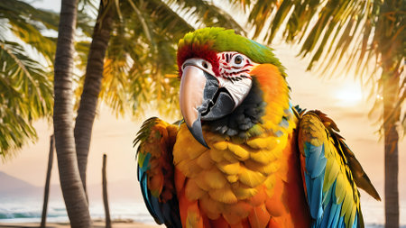 Beautiful macaw parrot on the beach at sunset time.の素材