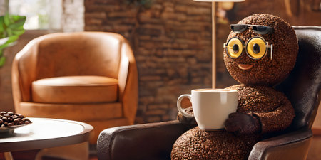 Coffee mug with funny face on armchair in living roomの素材
