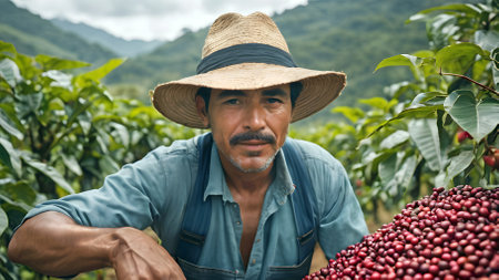 Farmer harvesting coffee beans from a coffee tree in a coffee plantationの素材