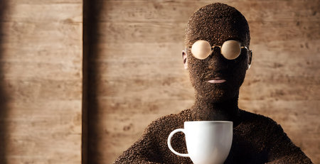 Portrait of a man covered in coffee beans with a cup of coffeeの素材