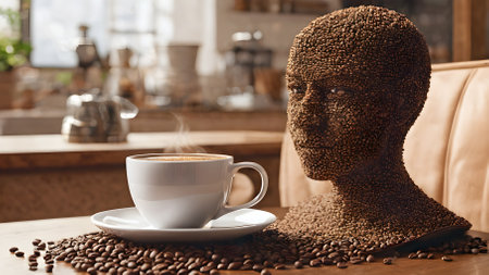 Coffee cup and coffee beans on a table in a cafeの素材