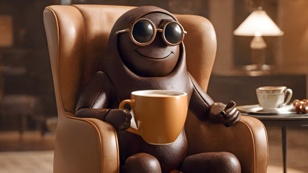 Funny cartoon bear with a cup of coffee sitting in armchairの素材