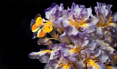 Beautiful iris flowers and butterfly on a black background, close-upの素材