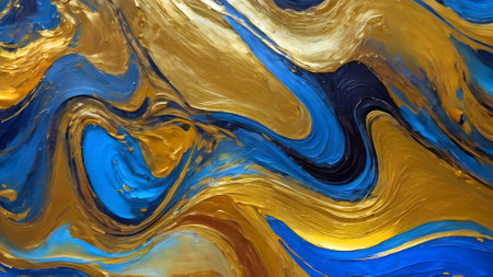 Abstract background of acrylic paint in blue, yellow and white colors. Liquid marble textureの素材