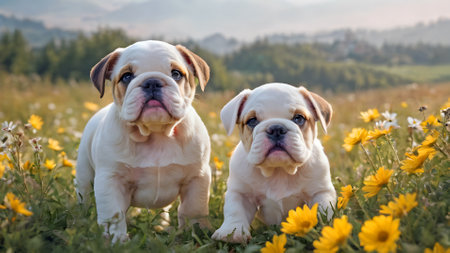 Two puppies of the English Bulldog on a background of yellow flowersの素材