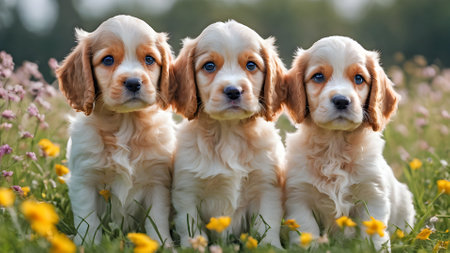 Three puppies of Cavalier King Charles Spaniel in the meadowの素材