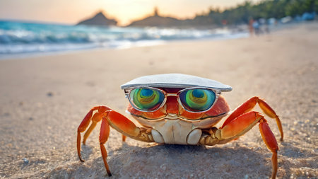 Sally crab with sunglasses on the beach at sunset, close-upの素材