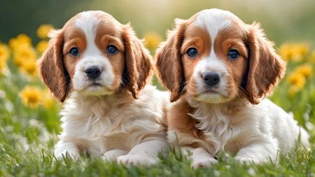 Two puppies of Cavalier King Charles Spaniel lying in the grassの素材
