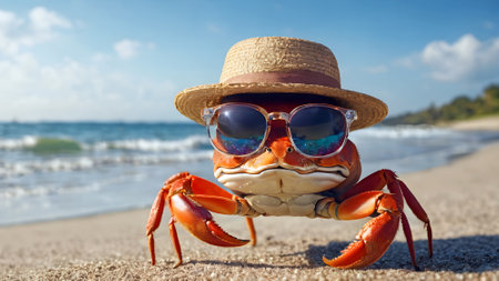 Red crab wearing a straw hat and sunglasses on the beach by the seaの素材