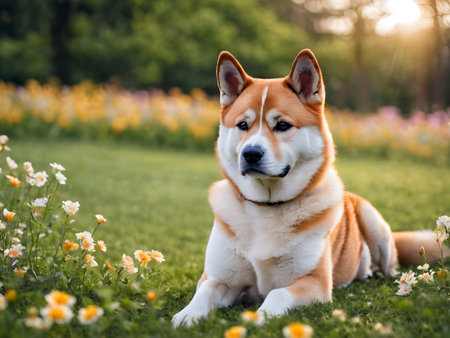 Shiba inu dog sitting on the grass in the park.の素材