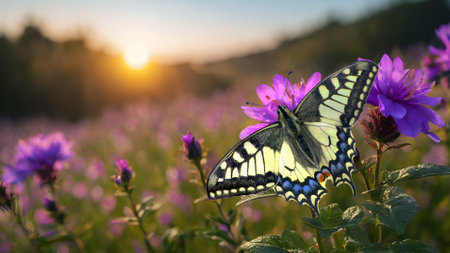 Papilio podalirius butterfly on a purple flower at sunset.の素材