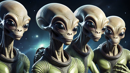 3D rendering of a group of alien in an outer space backgroundの素材