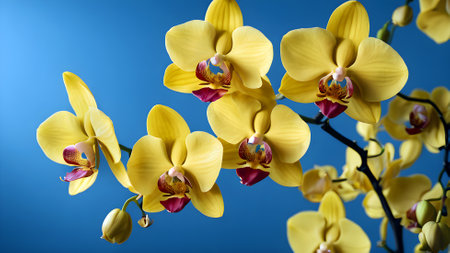 Beautiful yellow orchid flowers on blue background, close-upの素材