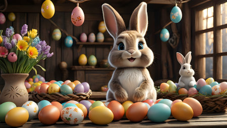 Easter bunny and colorful eggs on wooden background. Happy Easter!の素材