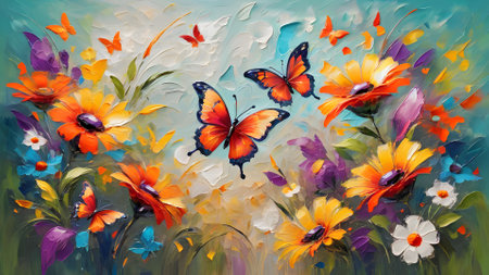 Beautiful flowers and butterflies. Original oil painting on canvas. Colorful background.の素材