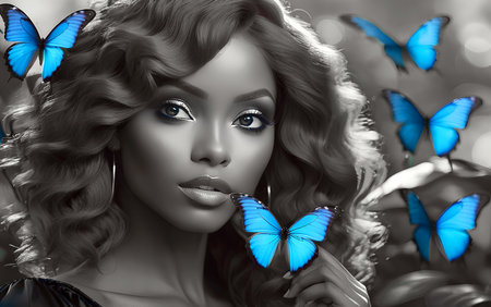 Beautiful girl with butterfly in her hair. 3d illustration.の素材