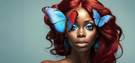 3d illustration of a beautiful woman with a butterfly in her hairの素材