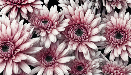 Pink chrysanthemum flowers on black background. Floral pattern.の素材