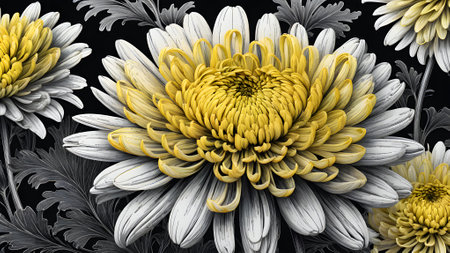 White and yellow chrysanthemum on a black background. Computer generated graphics.の素材