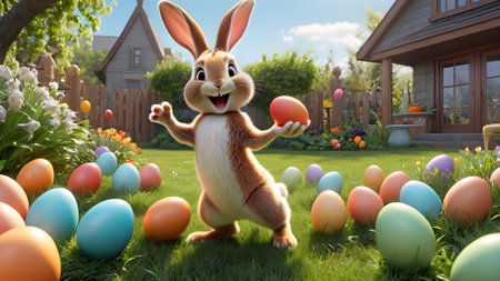 Easter bunny with colorful eggs in garden. 3d illustration.の素材