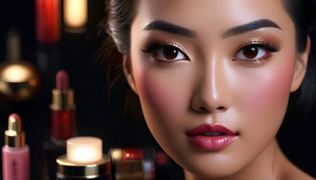 Beautiful Asian woman with professional make up and red lips.の素材