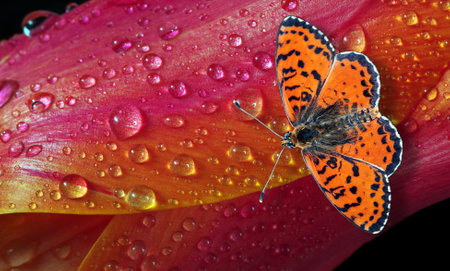 butterfly on red tulip flower with water drops close upの写真素材