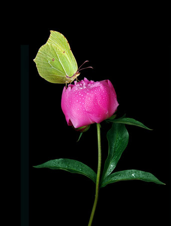 Butterfly on pink peony flower isolated on black background.の写真素材