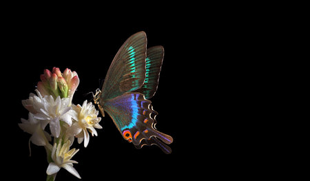 Butterfly and flower isolated on black background with copy space.の写真素材