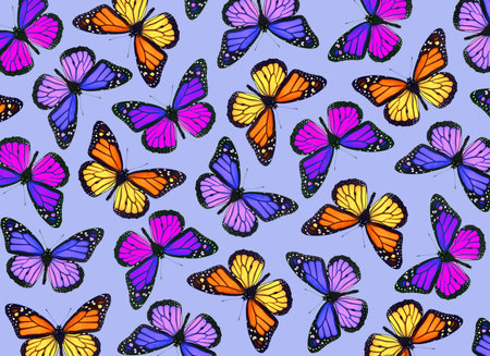 Seamless pattern with colorful butterflies on a purple background. Vector illustration.の写真素材