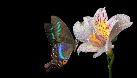 Butterfly and flower isolated on black background with water drops.の写真素材