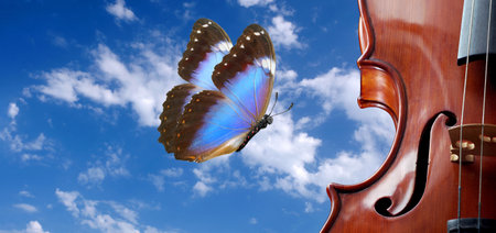 Violin and butterfly on blue sky background. 3D illustration.の写真素材