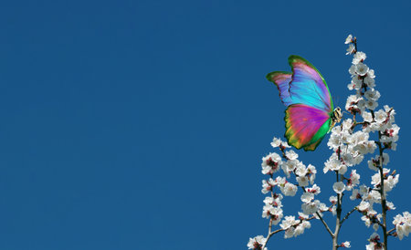 butterfly on a branch of cherry blossoms on a black backgroundの写真素材