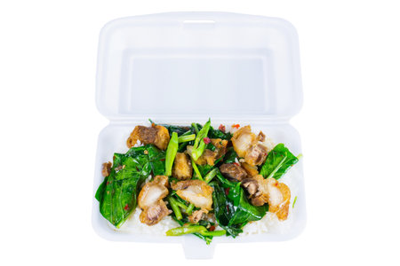 Crispy pork Stir-fried kale with steamed rice in Styrofoam food container. Foam Box Cause cancer and have "the substance styrene (Styrene)" hidden. Thai food.の写真素材