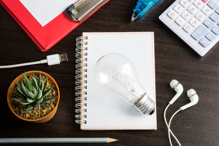 Note book paper empty with pencil and lamp with haworthia fasciata(Willd.) on wood table - Creativity crisis conceptの写真素材