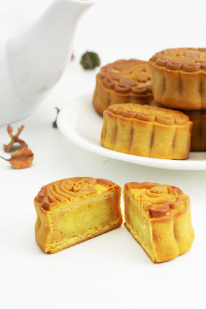 Mid autumn festival mooncake on white background. Mooncake is the most traditional classic flavorの写真素材