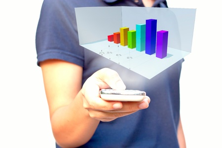 Business man showing smart phone with chart on screenの写真素材