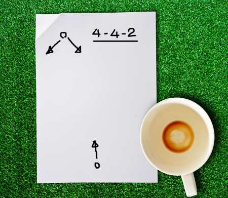 Paper and cup of coffee on the grass.の写真素材