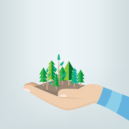 hands holding trees in flat retro styleのイラスト素材