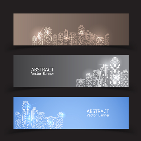 Banner modern city lights. City with lighting windows, and in winter time. Vector illustration in flat design.のイラスト素材