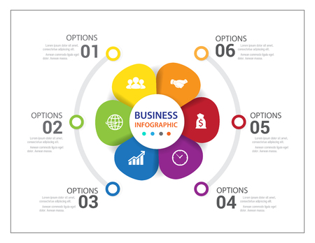Modern info-graphics process with connected, icons and text for 6 steps. Vector illustration.のイラスト素材