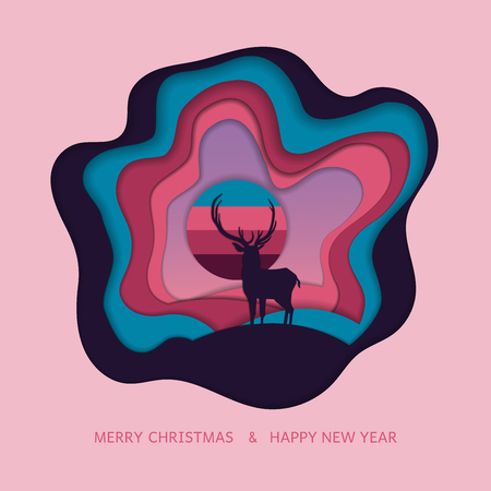 Deer and christmas.vector paper art.のイラスト素材