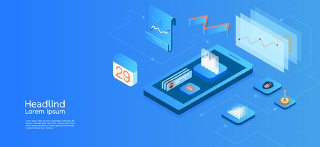 Modern design isometric concept business.smartphone on blue background and infographic elements. 3d isometric flat design. Vector illustration.のイラスト素材