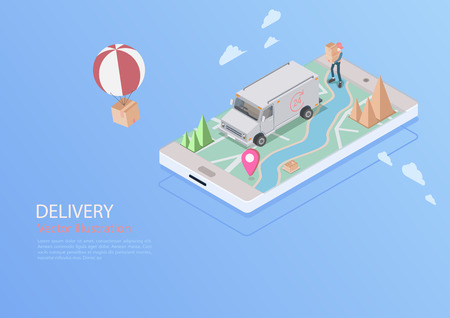 Logistics and Delivery Infographics.Isometric,truck,drone and delivery man. Vector illustrationのイラスト素材